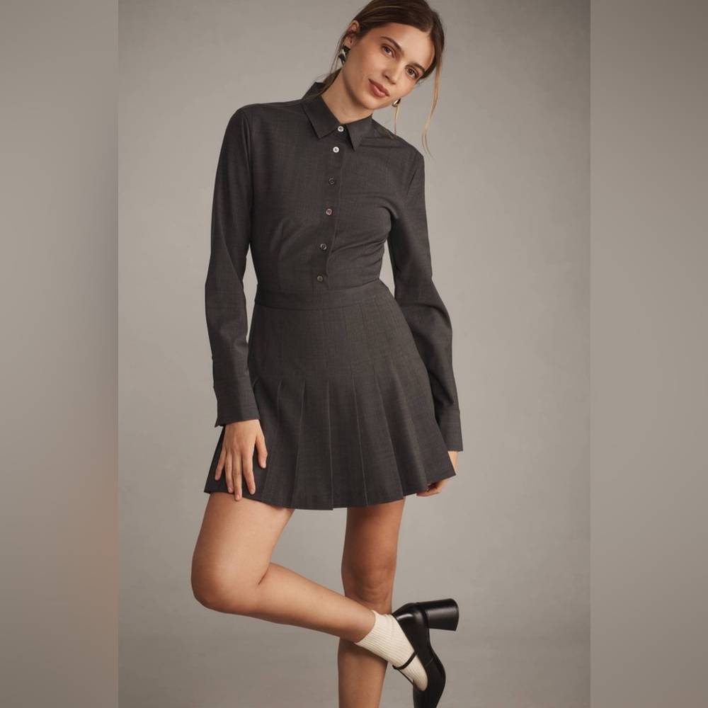NWT $525 Theory Pleated Mini Shirt Dress in Stretch Wool-Blend